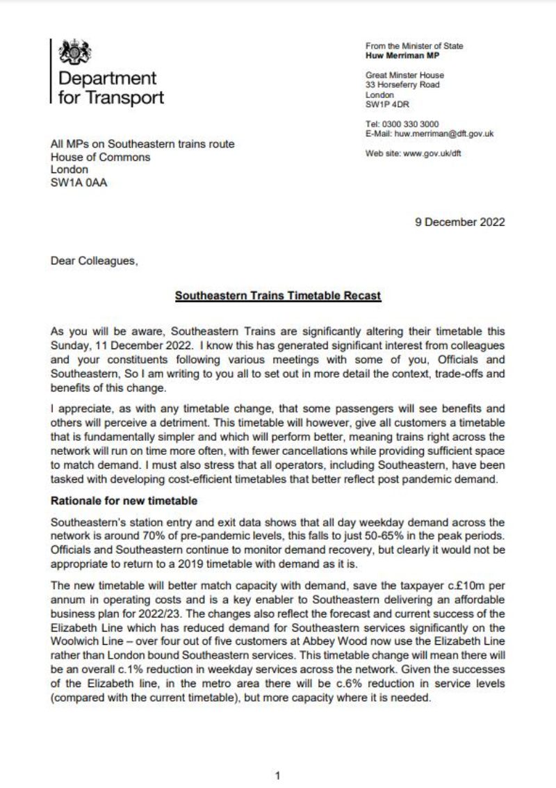 First page letter of the Department for Transport sent to Janet Daby MP regarding the Southeastern timetable changes