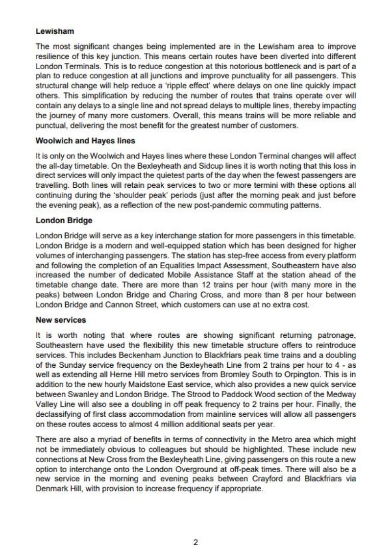 Second page letter of the Department for Transport sent to Janet Daby MP regarding the Southeastern timetable changes