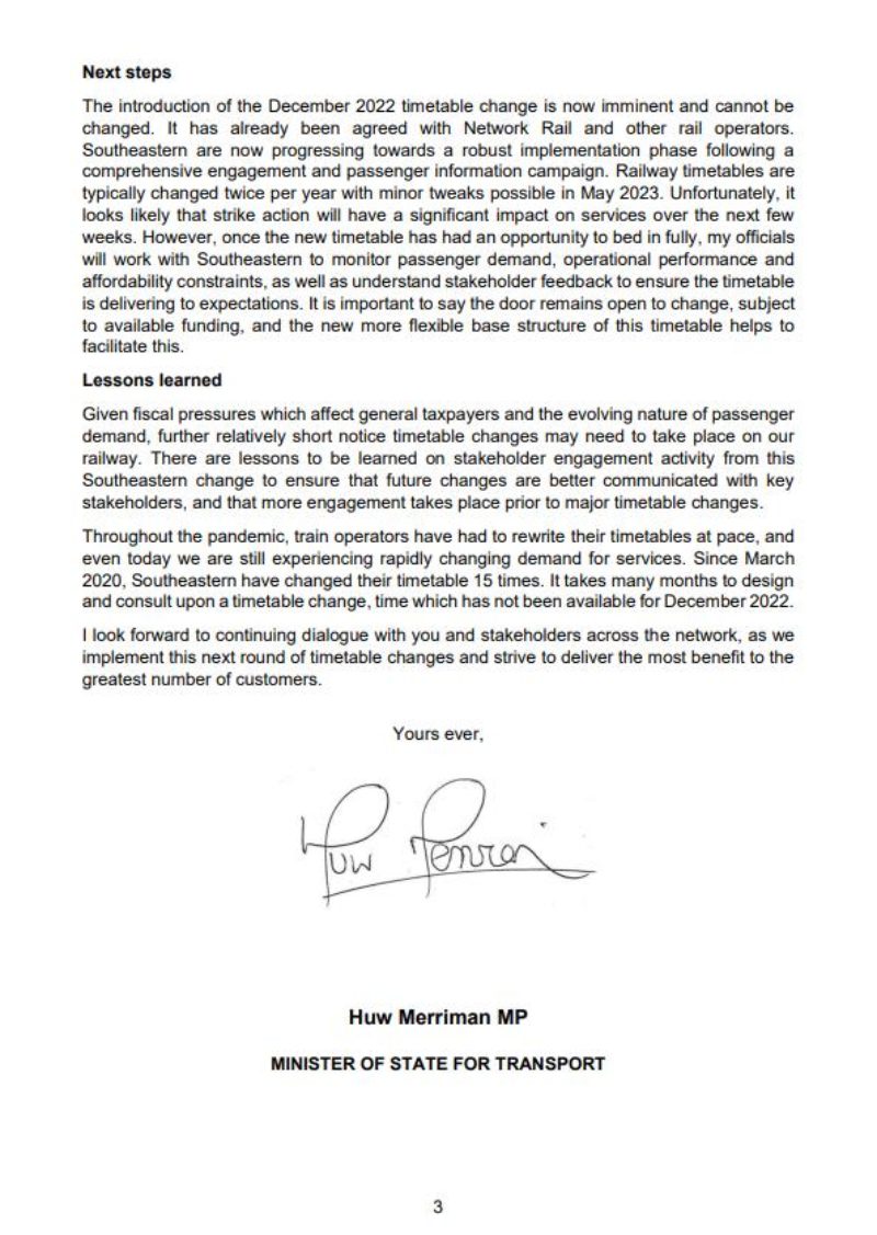 Third page letter of the Department for Transport sent to Janet Daby MP regarding the Southeastern timetable changes