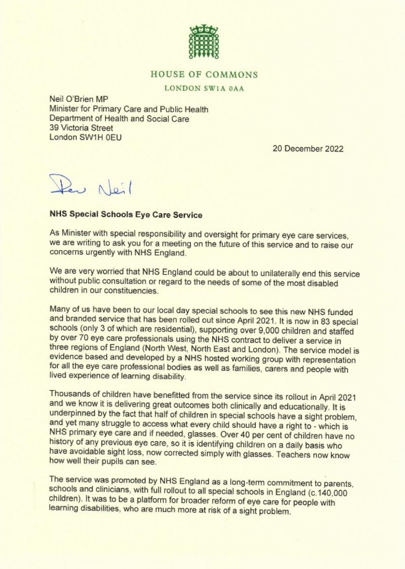 Letter to Minister for Primary Care and Public Health over the future of the NHS Special Schools Eye Care Service - page 1