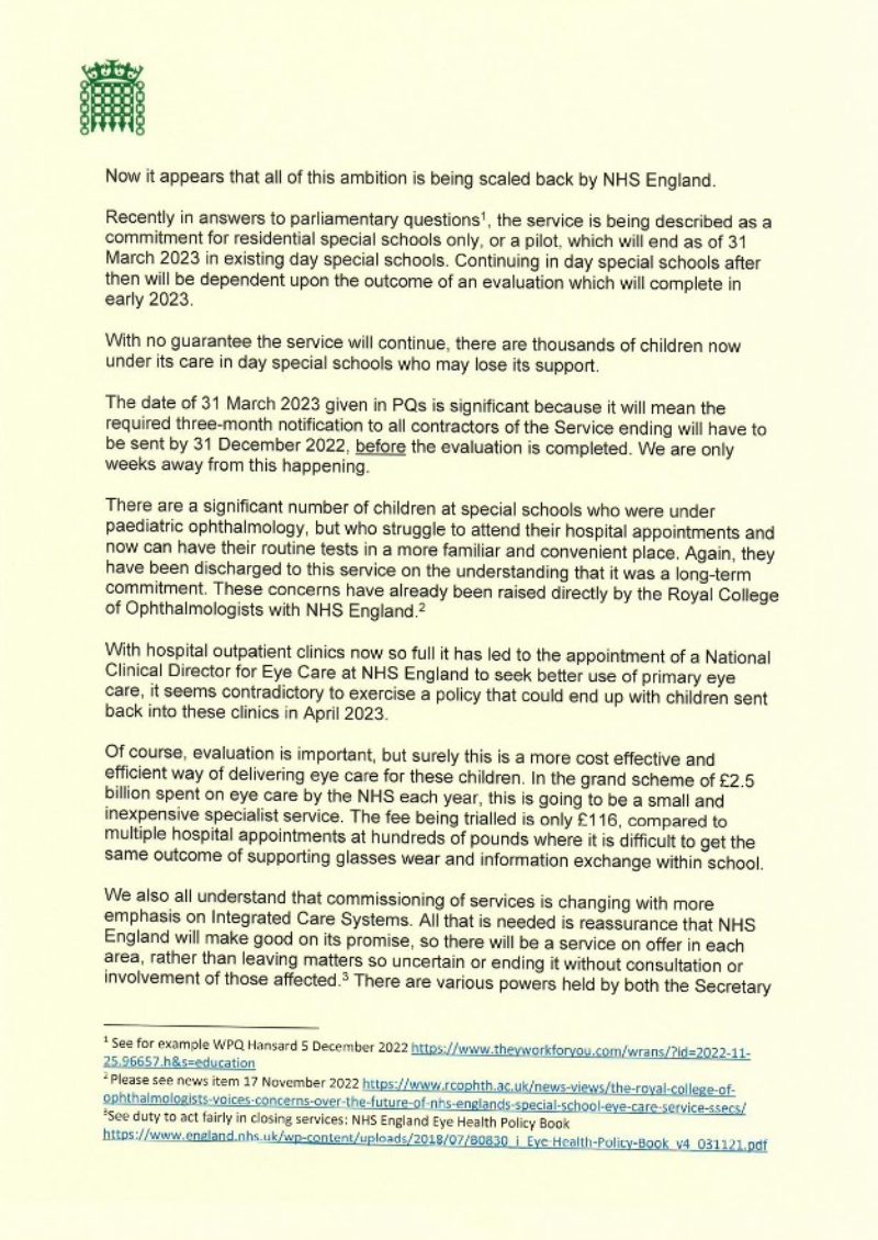 Letter to Minister for Primary Care and Public Health over the future of the NHS Special Schools Eye Care Service - page 2