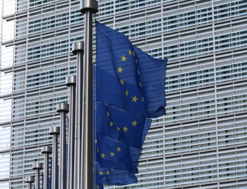 Row of EU flags on masts in front of a large building