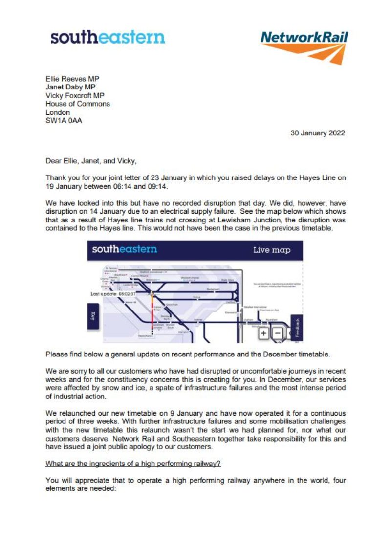 First page of the letter Southeastern sent to Janet Daby MP and other MPs regarding the disruption caused Southeastern timetable changes.
