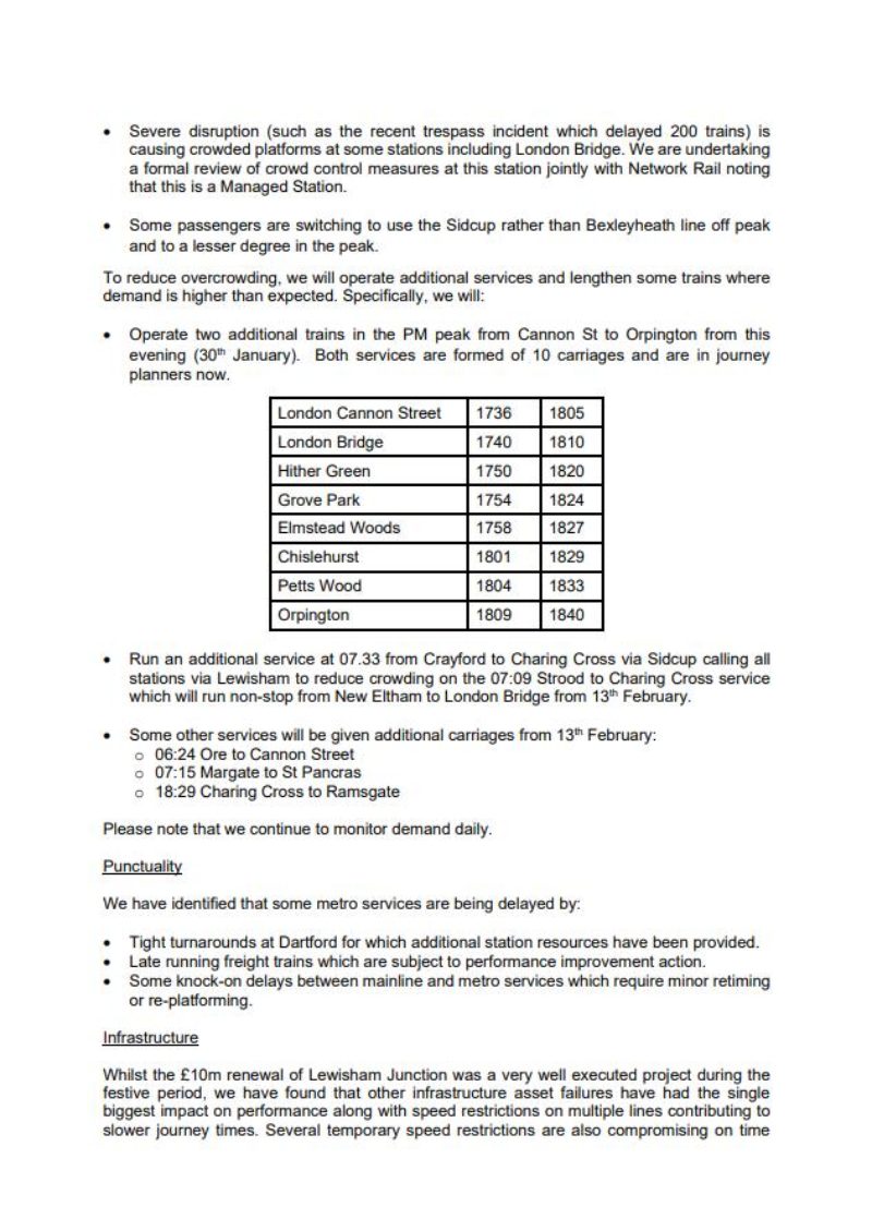 Fourth page of the letter Southeastern sent to Janet Daby MP and other MPs regarding the disruption caused Southeastern timetable changes.