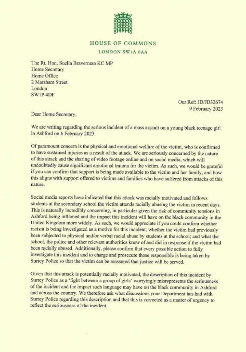 Page 1 of the Letter to the Home Secretary