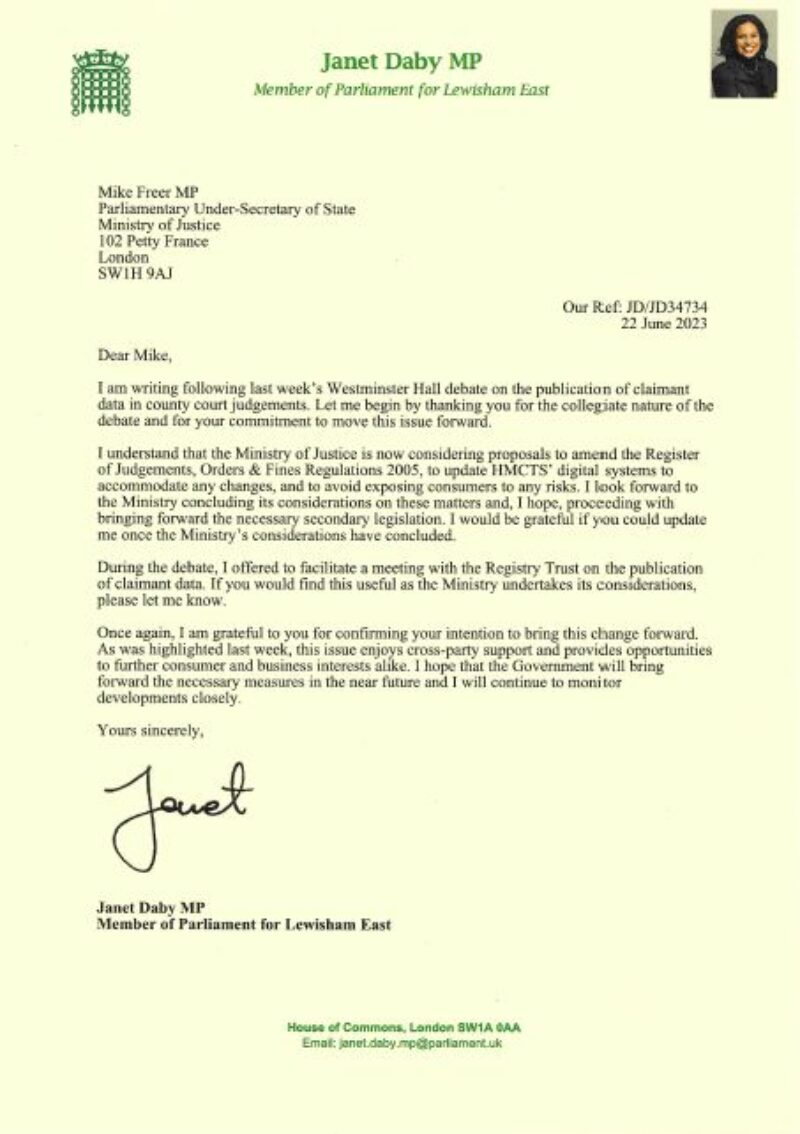 Letter from Janet Daby MP to Mike Freer MP, Parliamentary Under-Secretary of State for Justice