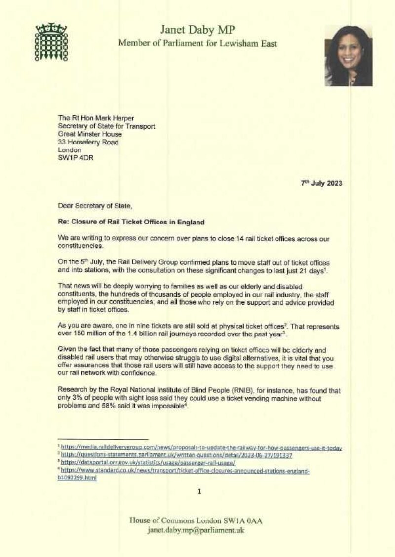 Page 1 of the Letter to the Transport Secretary