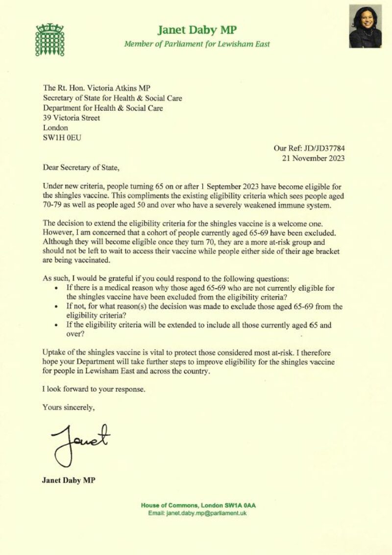 Letter to the Secretary of State for Health and Social Care
