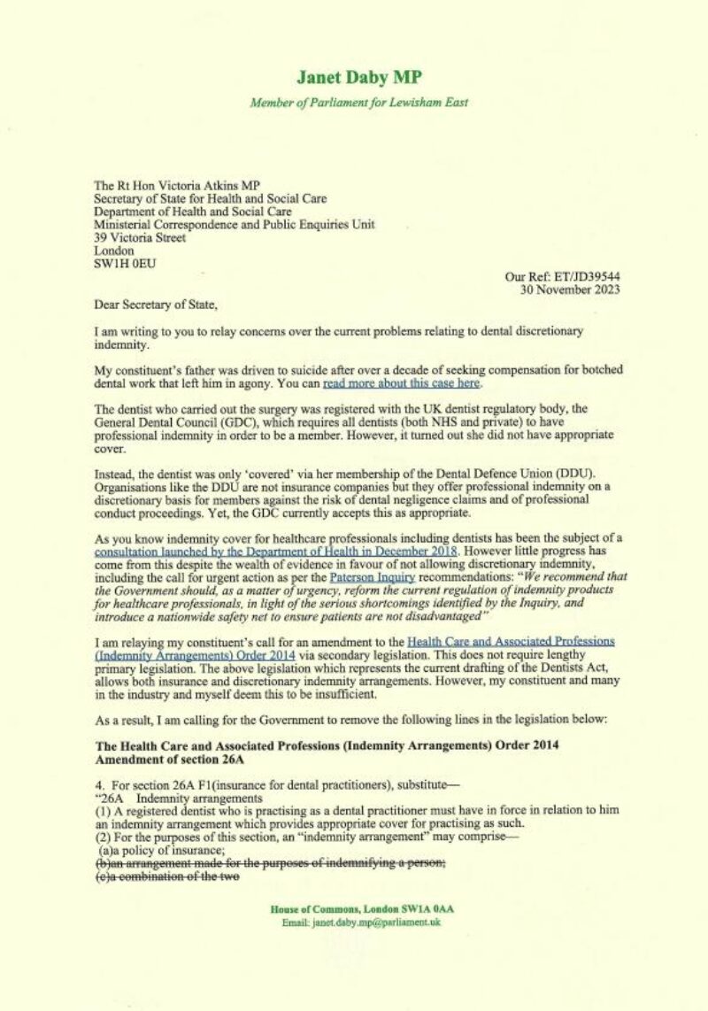 First page of the letter Janet Daby MP has written to the Health Secretary about dental discretionary indemnity.