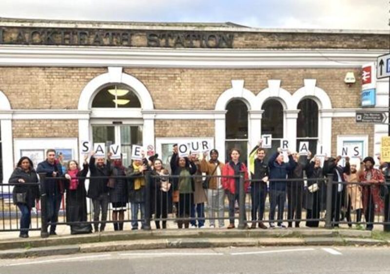 Janet Daby MP with Damien Egan, Lewisham Councillors and local people outside Blackheath Station protecting against Southeastern Timetable changes.