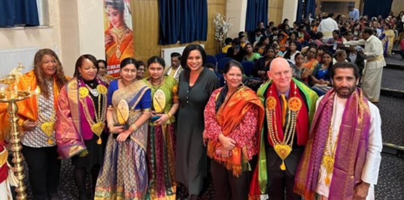 Janet Daby MP alongside Brenda Dacres and Cllrs Kim Powell, Marks Ingleby, Aliya with attendees at the Pongal Celebration at the London Sivan Temple Hall in Lewisham