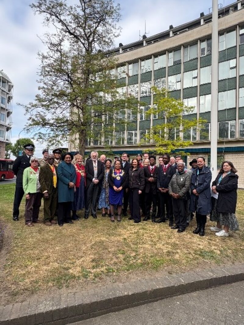 Janet Daby MP with service members and civic leaders at the Civic Centre celebrating VE Day
